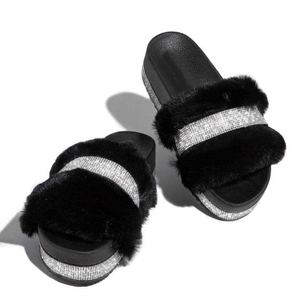 NEW Rhinestone Faux Fur Slide Sandal Flat Platform - Picture 3 of 5
